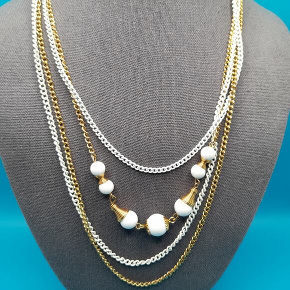 Vintage White Enamel Gold Tone Chain Necklace, Glass Beads, 4 Strands, 18" - Picture 3 of 9